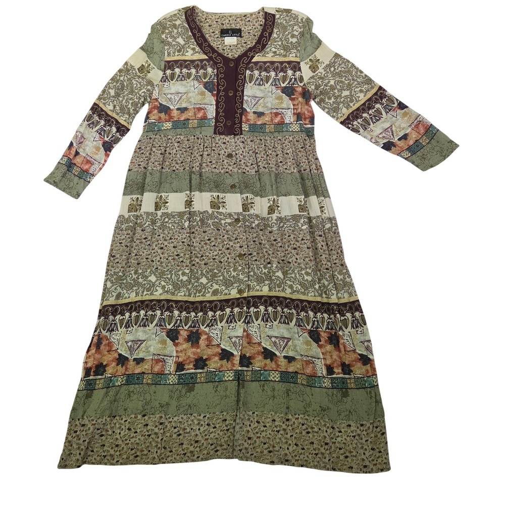 Vtg Carole Little Whimsigoth Patchwork Maxi Dress 8 Henley Green Gold Fairycore